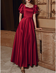 cheap -A-Line Elegant Vintage Prom Formal Evening Dress Square Neck Short Sleeve Ankle Length Satin with Pleats Beading 2022