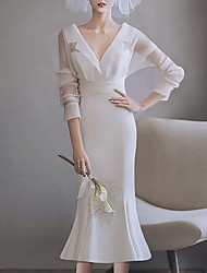 cheap -Mermaid / Trumpet Wedding Dresses V Neck Tea Length Satin Tulle Long Sleeve Simple Vintage Little White Dress 1950s with Pleats 2022