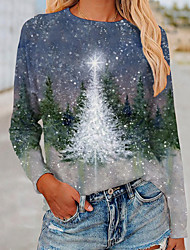 cheap -Women&#039;s Floral Theme Painting T shirt Graphic Snowflake Christmas Tree Print Round Neck Basic Tops Blue Purple Green / 3D Print