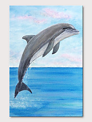 cheap -Handmade Oil Painting on Canvas Jumping Smile Dolphin above The Blue Sea 24*36 Inch with Stretched Frame for Hanging