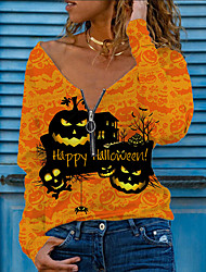 cheap -Women&#039;s Halloween Abstract Painting T shirt Text Pumpkin Long Sleeve Print V Neck Basic Halloween Tops Blue Purple Yellow / 3D Print