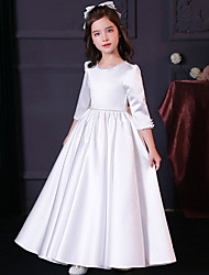 cheap -A-Line Ankle Length Flower Girl Dresses First Communion Mikado 3/4 Length Sleeve Jewel Neck with Faux Pearl 2022