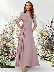 cheap -A-Line Elegant Wedding Guest Formal Evening Dress Jewel Neck Half Sleeve Floor Length Chiffon with Pleats Ruched 2022