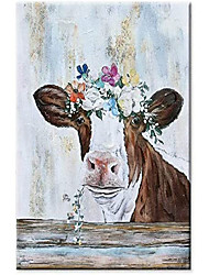cheap -Hand-made Cute Cow with Botanical Flowers Wall Art for Living Room Bedroom Decoration Modern Nature Farm House Oil Painting on Canvas for Home dcor Framed Ready to Hang