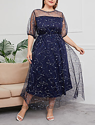 cheap -Women&#039;s Plus Size Party Dress Stars Round Neck Sequins Lantern Sleeve Short Sleeve Summer Sexy Prom Dresses Midi Dress Party Daily Dress / Mesh / Lace / Loose