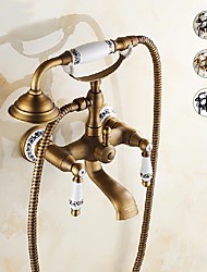 cheap -Retro Style Brass Telephone Shape Bathroom Faucet,Wall Installation Widespread Pull-out Country Style Electroplated Copper Finish Two Handles Bathtub Faucet with Handshower and Drain