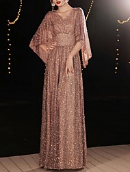 cheap -A-Line Sparkle Elegant Prom Formal Evening Dress V Neck Half Sleeve Floor Length Satin with Sequin 2022