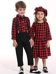 cheap -Sibling Suit Dresses Tops Bottom Cotton Plaid Indoor Red Long Sleeve Knee-length Casual Matching Outfits / Fall / Winter