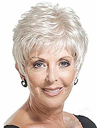 cheap -Short Fluffy Curly Silver White Color Synthetic Wigs With Bangs for Older Women
