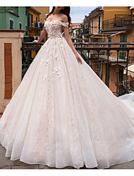 cheap -Princess A-Line Wedding Dresses Off Shoulder Court Train Lace Tulle Sleeveless Formal Romantic Luxurious with Beading Appliques 2022