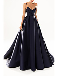 cheap -A-Line Empire Sexy Wedding Guest Formal Evening Dress Spaghetti Strap Sleeveless Floor Length Satin with Pleats Pure Color 2022