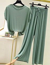 cheap -Women&#039;s Pajamas Sets 1 set Pure Color Simple Fashion Comfort Home Party Daily Modal Breathable Crew Neck T shirt Pant Basic Elastic Waist Fall Spring Green Blue