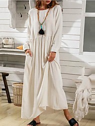 cheap -Women&#039;s A Line Dress Maxi long Dress White Long Sleeve Solid Color Ruched Fall Round Neck Stylish Casual 2022 S M L XL XXL