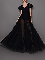 cheap -A-Line Maxi Empire Wedding Guest Formal Evening Dress V Neck Short Sleeve Floor Length Tulle with Polka Dot 2022