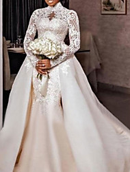 cheap -Mermaid / Trumpet Wedding Dresses High Neck Sweep / Brush Train Lace Taffeta Tulle Long Sleeve Formal Sexy Luxurious Plus Size with Appliques 2022