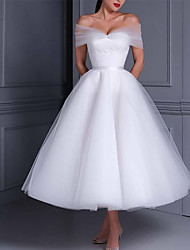 cheap -Ball Gown Wedding Dresses Off Shoulder Tea Length Lace Tulle Short Sleeve Simple Sexy Little White Dress with Pleats 2022