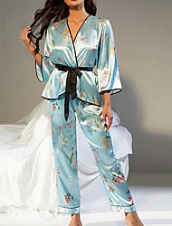 cheap -Women&#039;s Pajamas Sets 1 set Flower Satin Fashion Comfort Home Party Daily Satin Breathable Gift V Wire Robe Top Pant Elastic Waist Print Belt Included Fall Winter Light Green