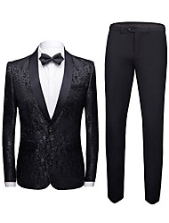 cheap -Black Men&#039;s Wedding Tuxedos Shawl Collar Jacquard Tailored Fit Single Breasted One-button 2022 / Yes / Pocket / All Seasons / Single-Breasted Buttons / Pants
