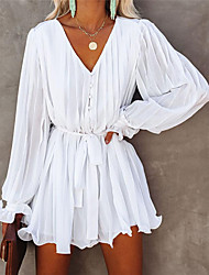 cheap -Women&#039;s A Line Dress Short Mini Dress White Long Sleeve Solid Color Ruched Chiffon Lace up Fall V Neck Casual 2022 S M L XL