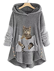 cheap -Women&#039;s Plus Size Teddy Coat Print Animal Cat House Long Sleeve V Wire Regular Fall Winter Pink Gray Green XL XXL 3XL 4XL 5XL