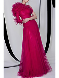 cheap -A-Line Elegant Sexy Engagement Formal Evening Dress One Shoulder Long Sleeve Sweep / Brush Train Tulle with Ruffles 2022