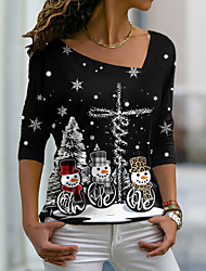 cheap -Women&#039;s Painting T shirt Snowflake Snowman Christmas Tree Print V Neck Basic Tops Black / 3D Print