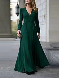 cheap -A-Line Minimalist Elegant Wedding Guest Formal Evening Dress V Neck Long Sleeve Floor Length Stretch Chiffon with Pure Color Strappy 2022