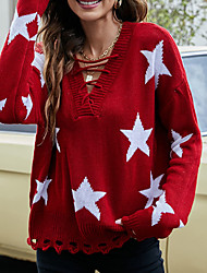 cheap -Women&#039;s Sweater Pullover Jumper Knitted Geometric Star Stylish Casual Sexy Long Sleeve Regular Fit Sweater Cardigans V Neck Fall Winter Black Red