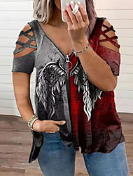cheap -Women&#039;s Plus Size Tops T shirt Multi Color Feathers Hollow Out Zipper Sleeveless V Neck Casual Causal Daily Cotton Spring Summer Cross short sleeves-black and white wings Cross short sleeve-red and