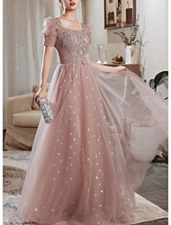 cheap -A-Line Elegant Prom Formal Evening Dress Sweetheart Neckline V Back Short Sleeve Floor Length Lace with Beading Appliques 2022 / Puff Balloon Sleeve