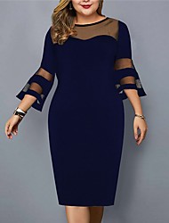 cheap -Women&#039;s Plus Size Sheath Dress Solid Color Round Neck Mesh 3/4 Length Sleeve Fall Spring Work Casual Vintage Midi Dress Causal Daily Dress
