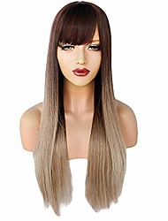 cheap -Elegant Brown Mixed Blonde Long Straight Natural Wig, Middle Part Straight Wig with Highlights for Women, Synthetic Straight Hair Wig With Bangs, Hair Accessories for Women Girls