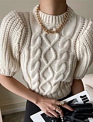 cheap -Women&#039;s Sweater Pullover Jumper Knitted Solid Color Stylish Basic Casual Half Sleeve Puff Sleeve Sweater Cardigans Crew Neck Spring Summer Beige