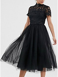 cheap -A-Line Little Black Dress Party Wear Wedding Guest Cocktail Party Dress High Neck Short Sleeve Tea Length Lace with Pleats 2022