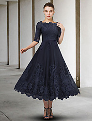 cheap -A-Line Mother of the Bride Dress Elegant Jewel Neck Ankle Length Lace Tulle Half Sleeve with Appliques 2022