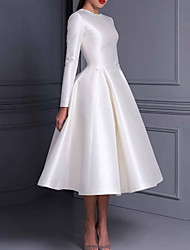 cheap -Ball Gown Little White Dresses Cute Graduation Cocktail Party Dress Jewel Neck Short Sleeve Tea Length Satin with Pleats Pure Color 2022