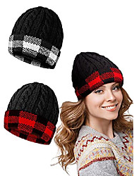 cheap -Christmas Winter Knitted Beanie Hats with Ears Buffalo Plaid Cuff Beanie Hat Stretchy Cable Knit Skull Cap Winter Thermal Knitted Caps for Women Men Teens Winter Accessory