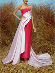 cheap -Sheath / Column Color Block Celebrity Style Elegant Prom Formal Evening Dress Strapless Sleeveless Court Train Satin with Pleats Overskirt Splicing 2022