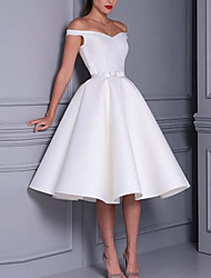 cheap -A-Line Minimalist Little White Dresses Graduation Cocktail Party Dress Off Shoulder Sleeveless Tea Length Satin with Sleek Bow(s) Pure Color 2022