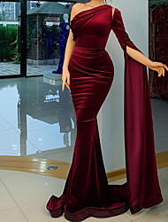 cheap -Mermaid / Trumpet Elegant bodycon Engagement Formal Evening Dress One Shoulder Long Sleeve Court Train Velvet with Sleek Pure Color 2022