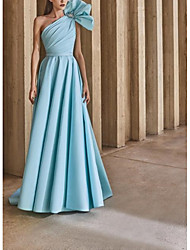 cheap -A-Line Celebrity Style Luxurious Elegant Prom Formal Evening Dress One Shoulder Sleeveless Court Train Satin with Bow(s) Pleats Beading 2022