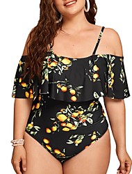 cheap -Women&#039;s Swimwear One Piece Monokini Plus Size Swimsuit Tummy Control Open Back for Big Busts Print Floral Black Off Shoulder Bathing Suits New Vacation Fashion / Sexy / Modern / Padded Bras