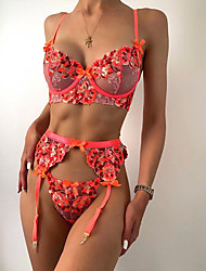 cheap -Women&#039;s Sexy Bodies Garter Lingerie Set 3 Pieces Flower Hot Home Bed Valentine&#039;s Day Polyester Breathable Straps Embroidery Lace Summer Orange