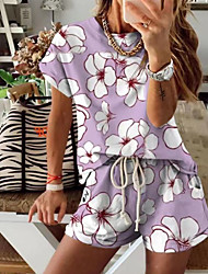 cheap -Women&#039;s Loungewear Sets 1 set Flower Fashion Comfort Sweet Home Daily Bed Polyester Breathable Gift Crew Neck Shorts Lace up Elastic Waist Pocket Spring Summer Blue White / Print / Print