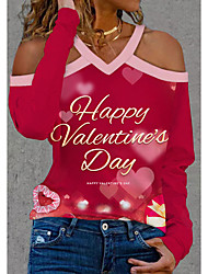 cheap -Women&#039;s Valentine&#039;s Day Couple T shirt Heart Letter Cut Out Print V Neck Basic Tops Black Purple Pink / 3D Print