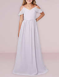 cheap -A-Line Floor Length Junior Bridesmaid Dress Party Chiffon Short Sleeve Spaghetti Strap with Ruching 2022