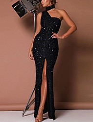 cheap -Women&#039;s Sheath Dress Maxi long Dress Black Red Sleeveless Pure Color Sequins Split Fall Spring One Shoulder Personalized Elegant Prom Dress Party 2022 S M L XL / Party Dress