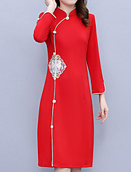 cheap -Women&#039;s Sheath Dress Knee Length Dress Black Red Long Sleeve Floral Embroidered Split Button Spring Stand Collar Elegant Vintage Traditional 2022 M L XL XXL 3XL 4XL 5XL