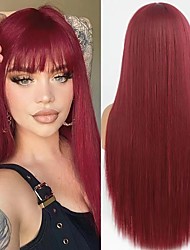 cheap -Remy Human Hair Wig Long Natural Straight Neat Bang Burgundy Women Best Quality curling Machine Made Brazilian Hair Women&#039;s Burgundy 10 inch 12 inch 14 inch Daily Daily Wear Thanksgiving