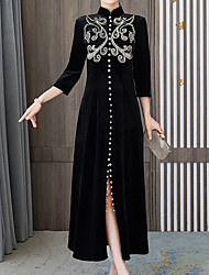 cheap -Women&#039;s A Line Dress Maxi long Dress Black Long Sleeve Floral Embroidery Embroidered Split Velvet Spring Stand Collar Elegant Vintage Traditional 2022 S M L XL XXL 3XL